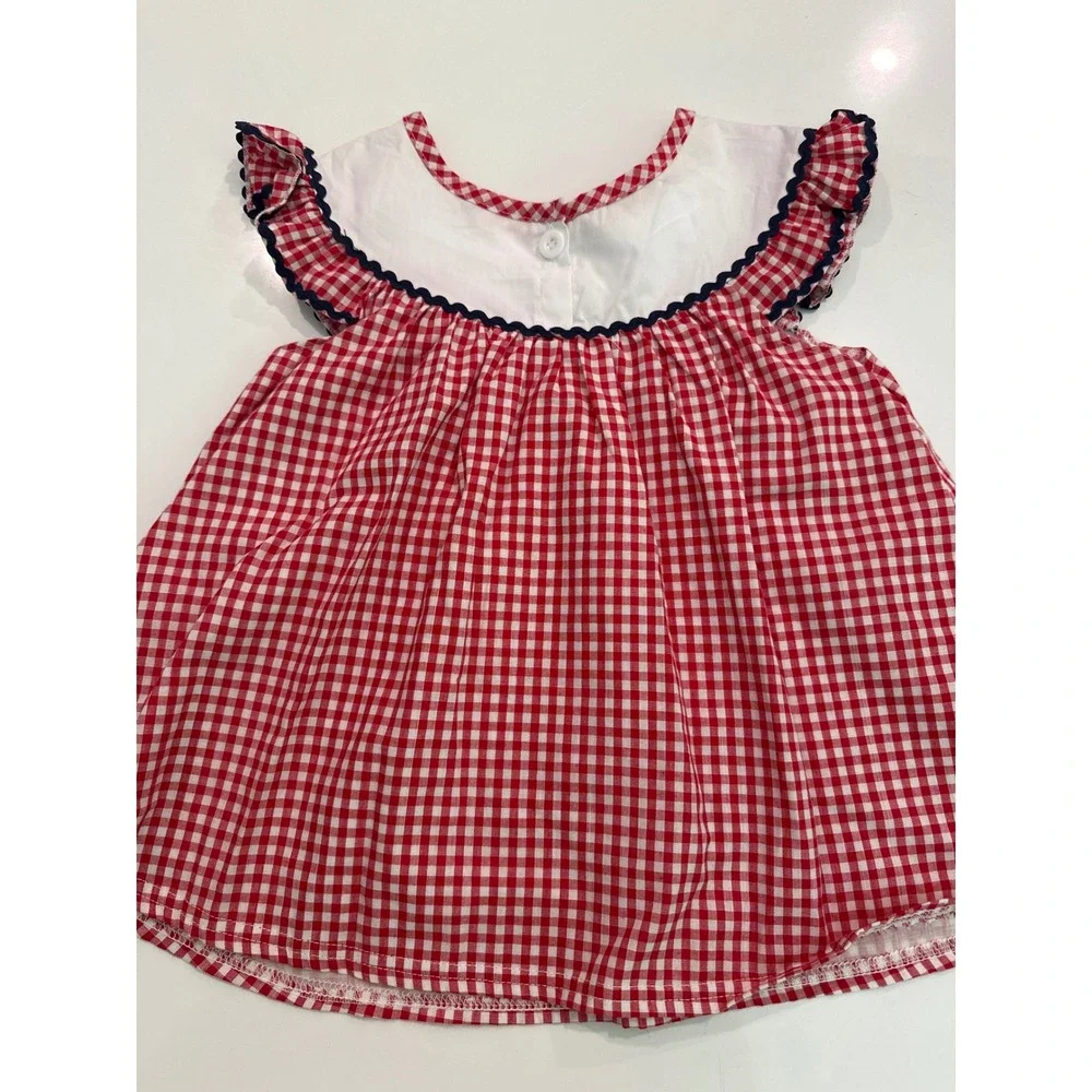 Handmade Girls Patriotic Gingham Flag Embroidery Ruffle Short Set Red White Blue